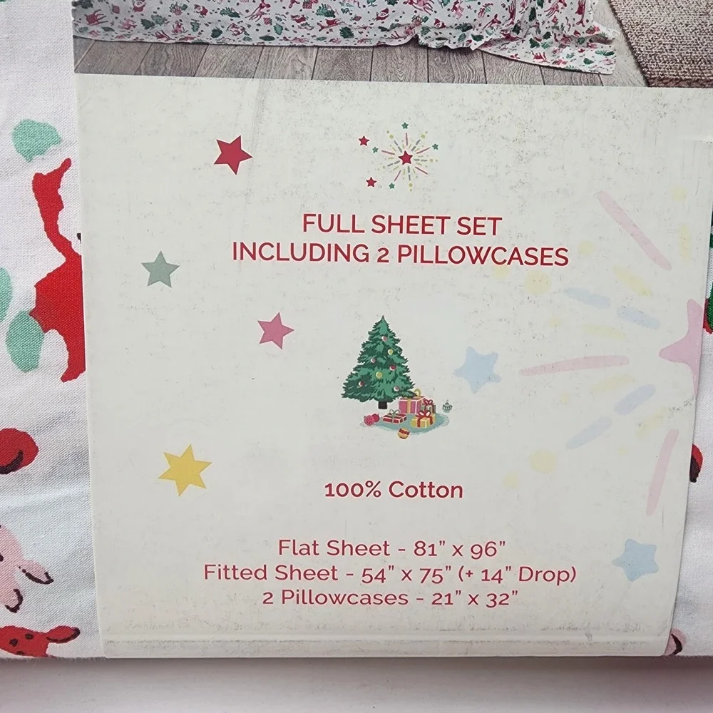 Cath Kidston London FULL Christmas Ditsy Deer Pink Cotton 200 Count Sheet Set